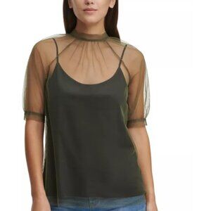 DKNY Black & Gray Mock Neck Sheer Tulle Overlay Top & Cami Set NWT Size Medium